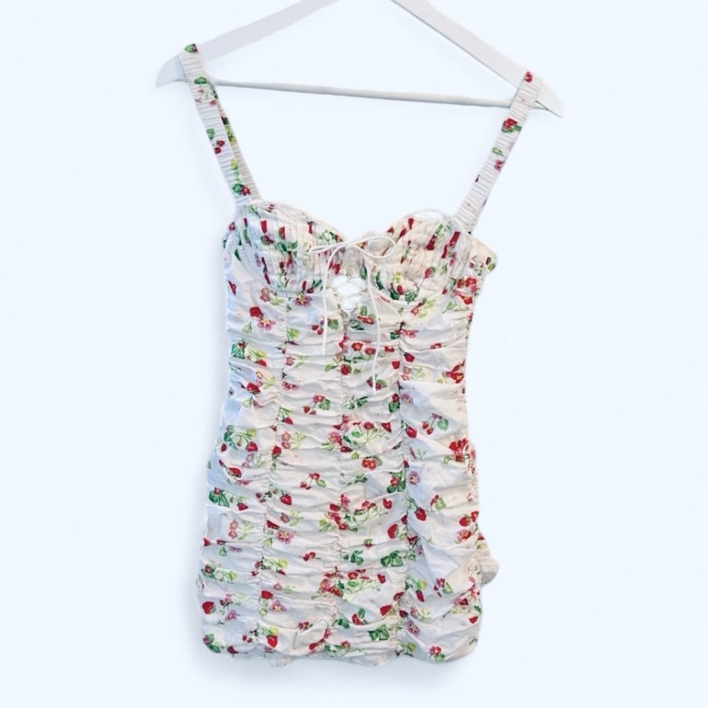 For Love & Lemons Celia White & Pink Floral Ruched Mini Dress Sz XS (est) SOOL